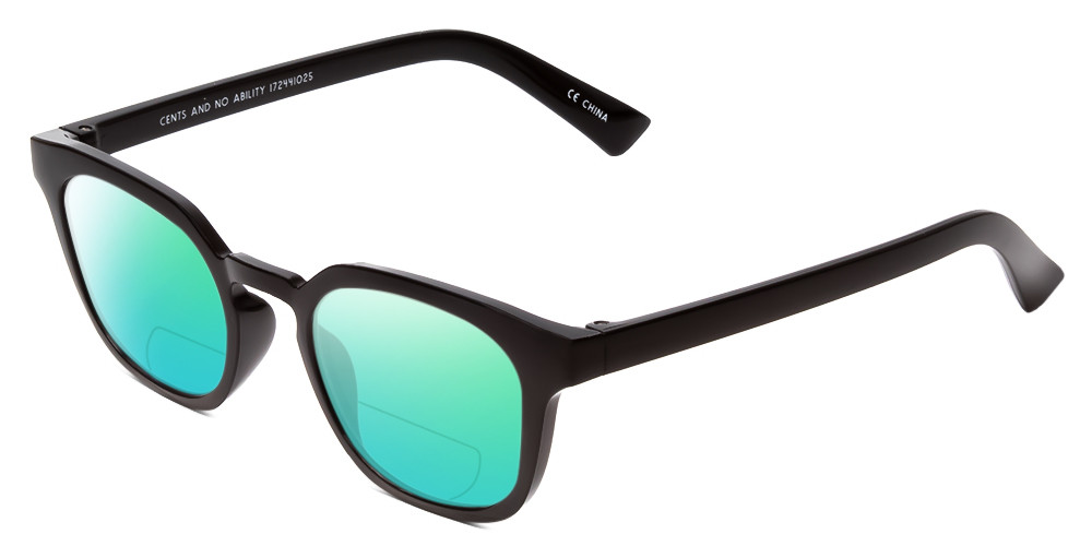 Profile View of Book Club Cents No Ability Designer Polarized Reading Sunglasses with Custom Cut Powered Green Mirror Lenses in Gloss Black Unisex Panthos Full Rim Acetate 48 mm