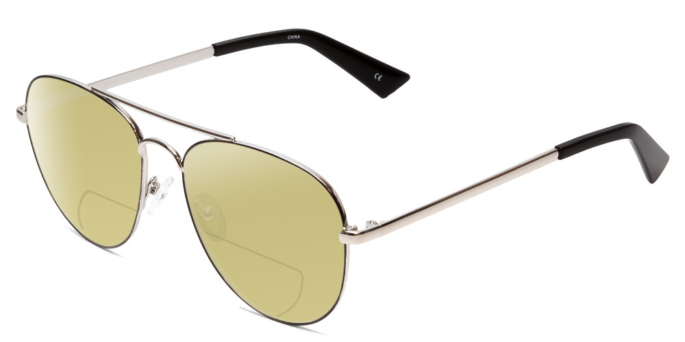Profile View of Book Club Hard Crimes Designer Polarized Reading Sunglasses with Custom Cut Powered Sun Flower Yellow Lenses in Black Silver Unisex Pilot Full Rim Metal 55 mm