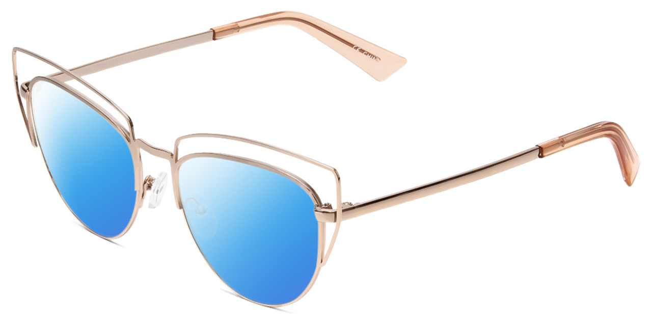 Profile View of Book Club One Hundred Beers Solitude Designer Polarized Sunglasses with Custom Cut Blue Mirror Lenses in Rose Gold Ladies Cat Eye Full Rim Metal 55 mm