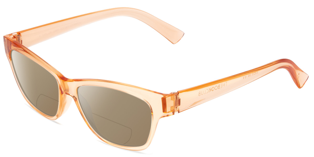 Profile View of Book Club Tail of Two Kitties Designer Polarized Reading Sunglasses with Custom Cut Powered Amber Brown Lenses in Sherbert Crystal Peach Orange Ladies Cat Eye Full Rim Acetate 53 mm