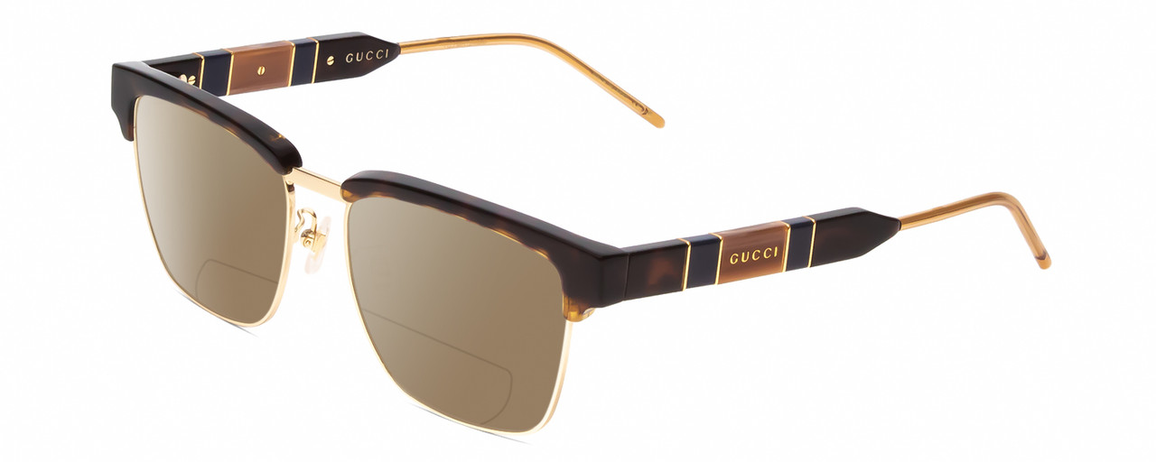 Profile View of GUCCI GG0605O Designer Polarized Reading Sunglasses with Custom Cut Powered Amber Brown Lenses in Tortoise Havana Brown Gold Navy Blue Unisex Cat Eye Semi-Rimless Acetate 52 mm