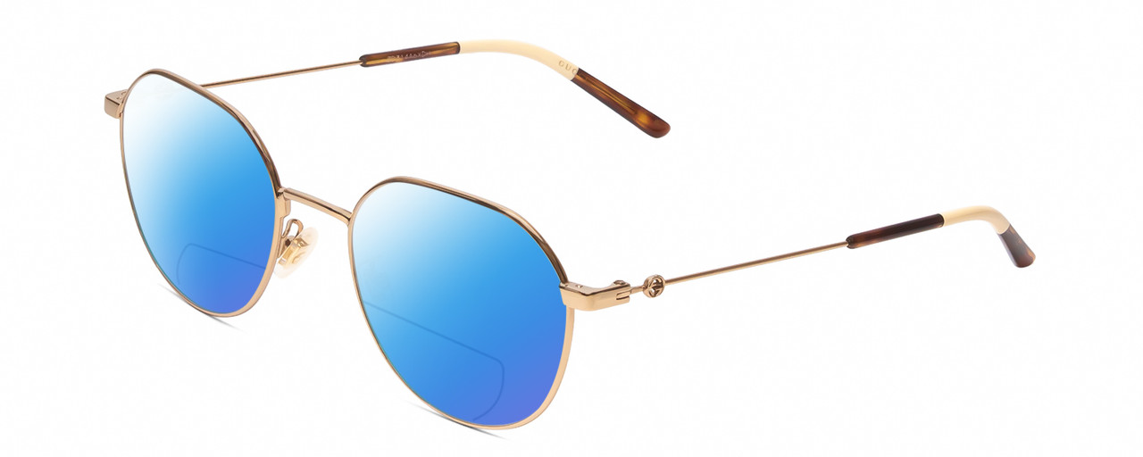 Profile View of GUCCI GG0684O Designer Polarized Reading Sunglasses with Custom Cut Powered Blue Mirror Lenses in Gold Brown Tortoise Havana Ivory Ladies Round Full Rim Metal 51 mm