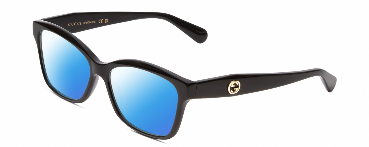 Profile View of GUCCI GG0798O Designer Polarized Sunglasses with Custom Cut Blue Mirror Lenses in Gloss Black Gold Ladies Cat Eye Full Rim Acetate 55 mm