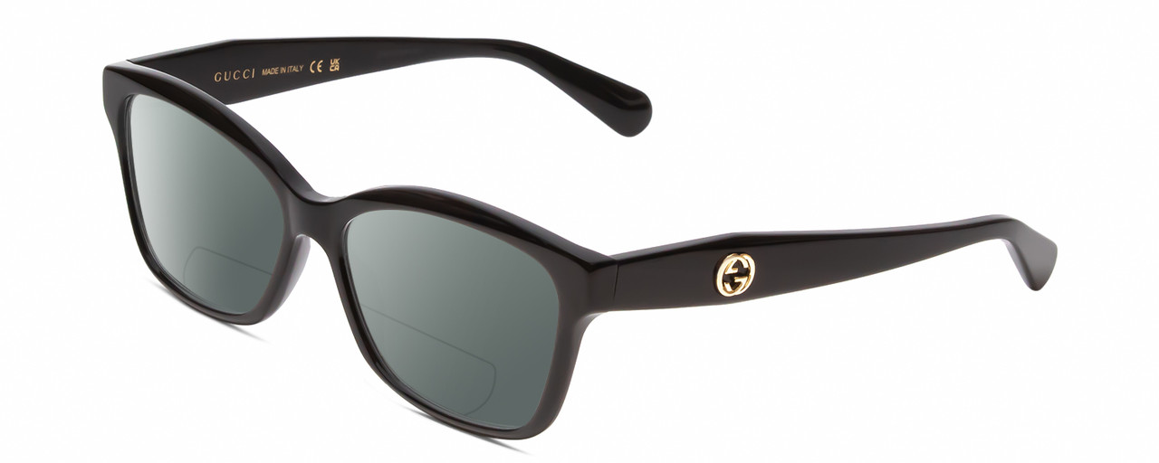 Profile View of GUCCI GG0798O Designer Polarized Reading Sunglasses with Custom Cut Powered Smoke Grey Lenses in Gloss Black Gold Ladies Cat Eye Full Rim Acetate 55 mm