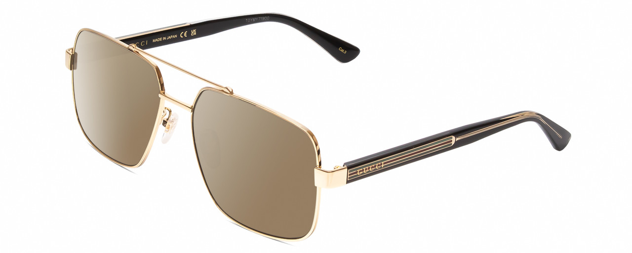 Profile View of GUCCI GG0529S Designer Polarized Sunglasses with Custom Cut Amber Brown Lenses in Gold Black Crystal Unisex Pilot Full Rim Metal 60 mm