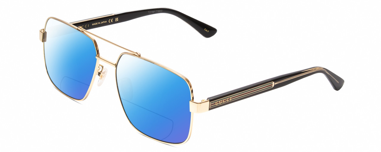 Profile View of GUCCI GG0529S Designer Polarized Reading Sunglasses with Custom Cut Powered Blue Mirror Lenses in Gold Black Crystal Unisex Pilot Full Rim Metal 60 mm