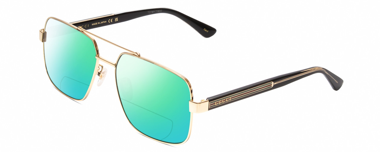 Profile View of GUCCI GG0529S Designer Polarized Reading Sunglasses with Custom Cut Powered Green Mirror Lenses in Gold Black Crystal Unisex Pilot Full Rim Metal 60 mm