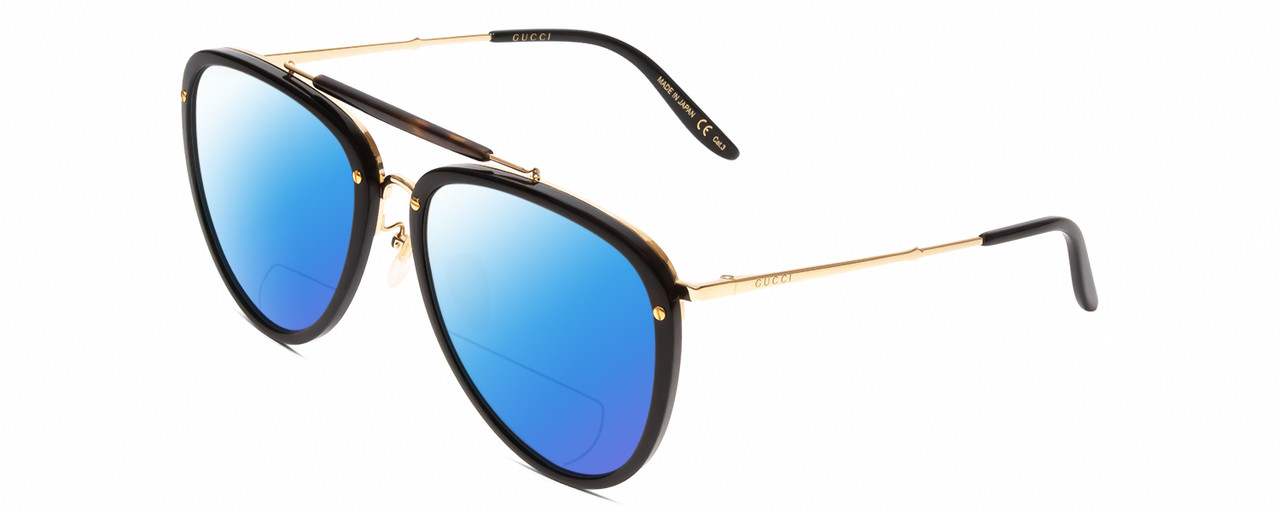 Profile View of GUCCI GG0672S Designer Polarized Reading Sunglasses with Custom Cut Powered Blue Mirror Lenses in Black Gold Tortoise Havana Unisex Pilot Full Rim Acetate 58 mm