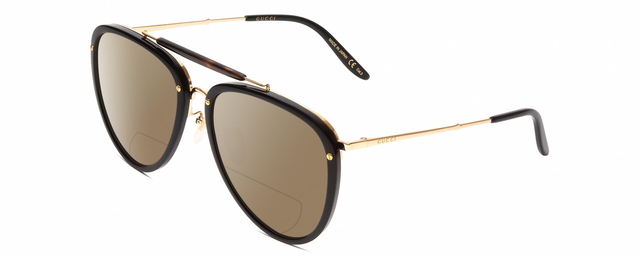 Profile View of GUCCI GG0672S Designer Polarized Reading Sunglasses with Custom Cut Powered Amber Brown Lenses in Black Gold Tortoise Havana Unisex Pilot Full Rim Acetate 58 mm