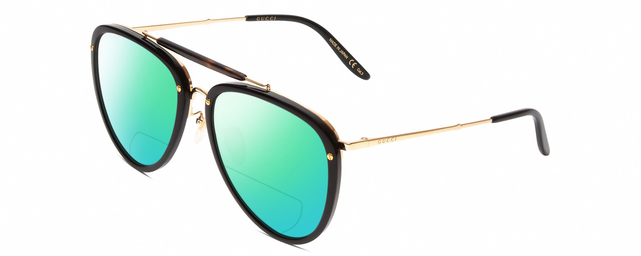 Profile View of GUCCI GG0672S Designer Polarized Reading Sunglasses with Custom Cut Powered Green Mirror Lenses in Black Gold Tortoise Havana Unisex Pilot Full Rim Acetate 58 mm