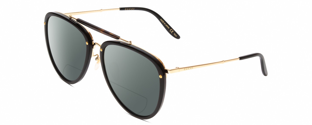 Profile View of GUCCI GG0672S Designer Polarized Reading Sunglasses with Custom Cut Powered Smoke Grey Lenses in Black Gold Tortoise Havana Unisex Pilot Full Rim Acetate 58 mm