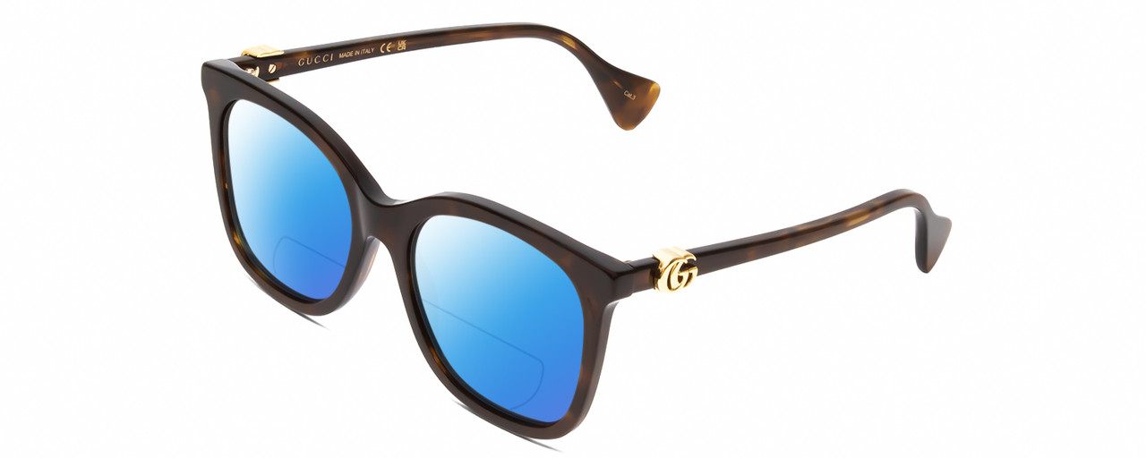 Profile View of GUCCI GG1071S Designer Polarized Reading Sunglasses with Custom Cut Powered Blue Mirror Lenses in Tortoise Havana Brown Gold Ladies Cat Eye Full Rim Acetate 55 mm