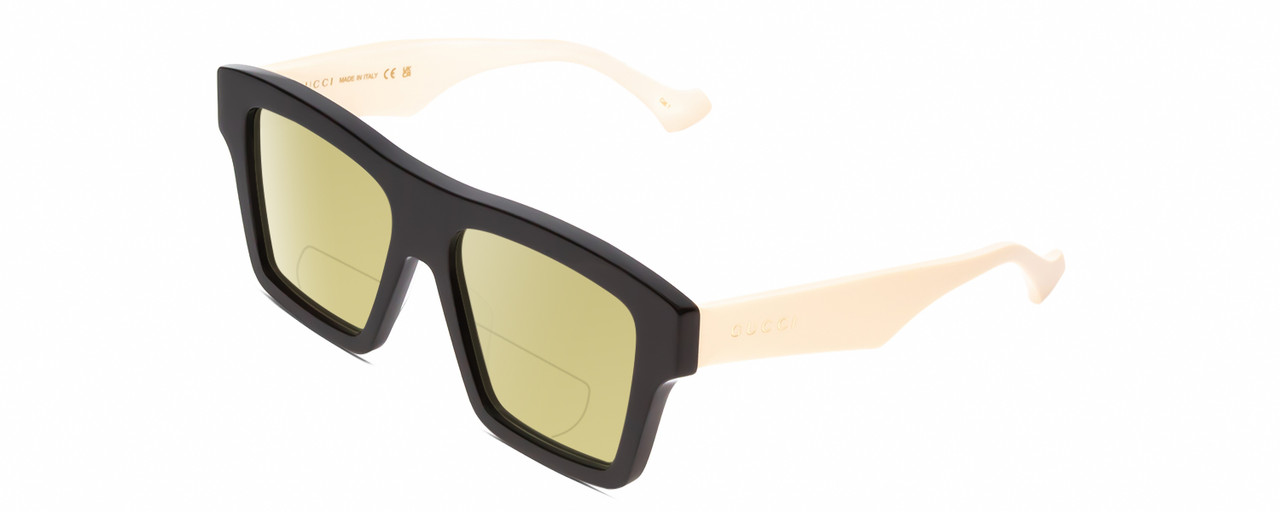 Profile View of GUCCI GG0962S Designer Polarized Reading Sunglasses with Custom Cut Powered Sun Flower Yellow Lenses in Black Ivory White Unisex Square Full Rim Acetate 55 mm