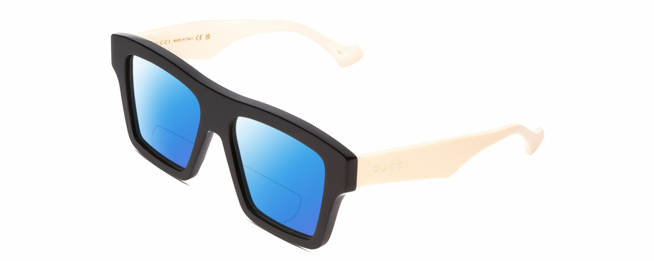 Profile View of GUCCI GG0962S Designer Polarized Reading Sunglasses with Custom Cut Powered Blue Mirror Lenses in Black Ivory White Unisex Square Full Rim Acetate 55 mm