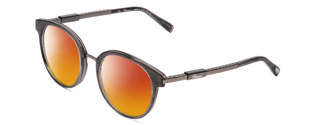 Profile View of Chopard VCH239 Designer Polarized Sunglasses with Custom Cut Red Mirror Lenses in Grey Crystal Mosaic/Sparkles/Black Gunmetal Ladies Round Full Rim Acetate 50 mm