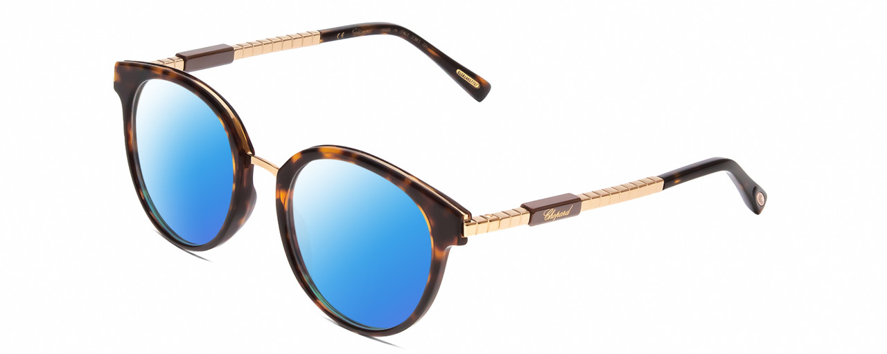 Profile View of Chopard VCH239 Designer Polarized Sunglasses with Custom Cut Blue Mirror Lenses in Brown Tortoise Havana/Rose Gold Unisex Round Full Rim Acetate 50 mm