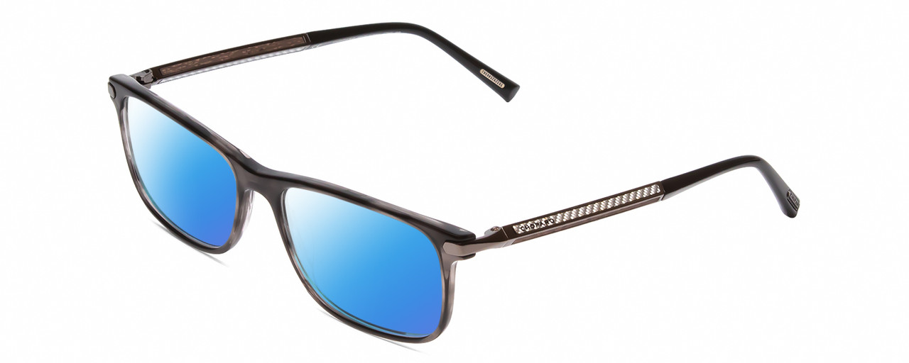 Profile View of Chopard VCH249 Designer Polarized Sunglasses with Custom Cut Blue Mirror Lenses in Gloss Black/Grey Crystal/Silver Unisex Panthos Full Rim Wood 55 mm