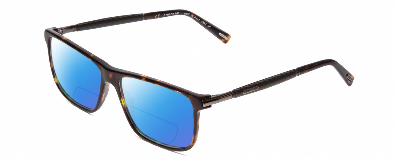 Profile View of Chopard VCH240 Designer Polarized Reading Sunglasses with Custom Cut Powered Blue Mirror Lenses in Brown Auburn Tortoise Havana/Grey Mens Rectangular Full Rim Metal 55 mm