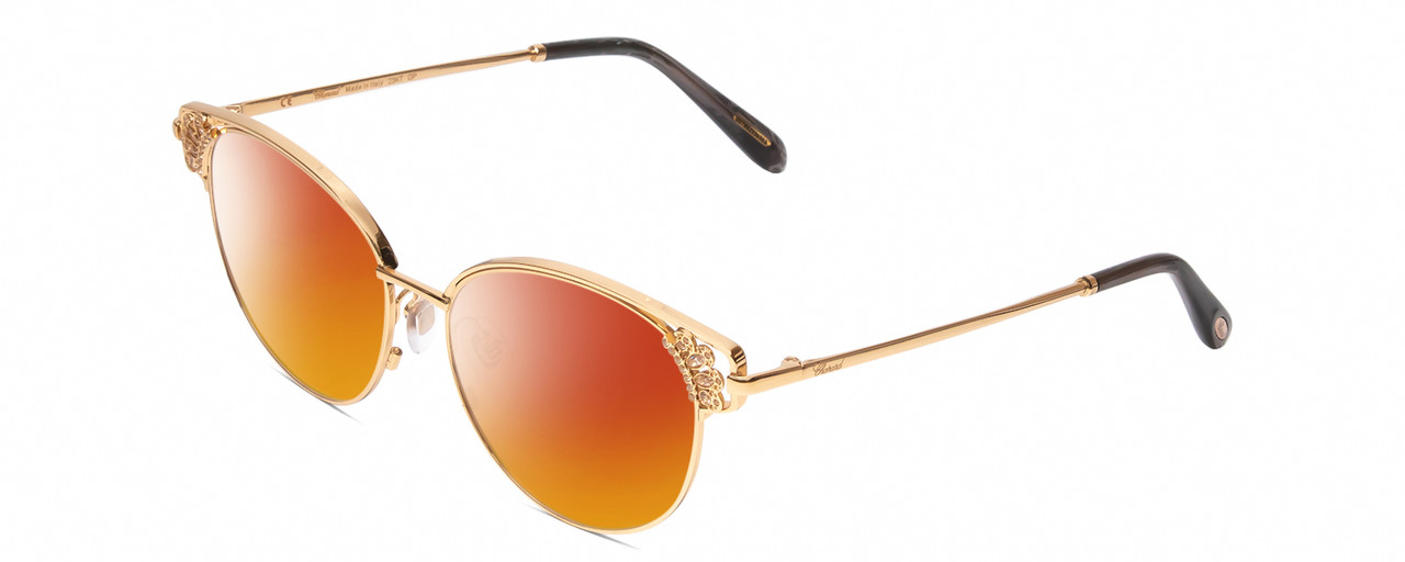 Profile View of Chopard VCHC51S Designer Polarized Sunglasses with Custom Cut Red Mirror Lenses in Rose 23KT Gold Plated/Grey Crystal Sparkles Ladies Cat Eye Full Rim Metal 53 mm