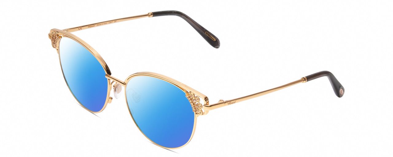 Profile View of Chopard VCHC51S Designer Polarized Sunglasses with Custom Cut Blue Mirror Lenses in Rose 23KT Gold Plated/Grey Crystal Sparkles Ladies Cat Eye Full Rim Metal 53 mm