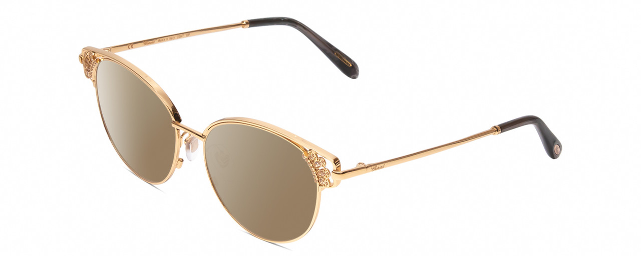 Profile View of Chopard VCHC51S Designer Polarized Sunglasses with Custom Cut Amber Brown Lenses in Rose 23KT Gold Plated/Grey Crystal Sparkles Ladies Cat Eye Full Rim Metal 53 mm