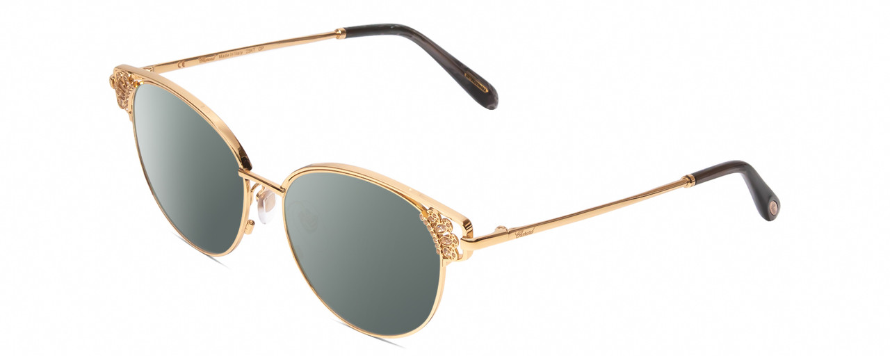 Profile View of Chopard VCHC51S Designer Polarized Sunglasses with Custom Cut Smoke Grey Lenses in Rose 23KT Gold Plated/Grey Crystal Sparkles Ladies Cat Eye Full Rim Metal 53 mm