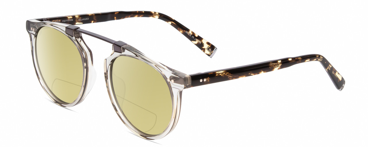 Profile View of John Varvatos V602 Designer Polarized Reading Sunglasses with Custom Cut Powered Sun Flower Yellow Lenses in Grey Crystal /Gunmetal/Tortoise Unisex Round Full Rim Acetate 52 mm