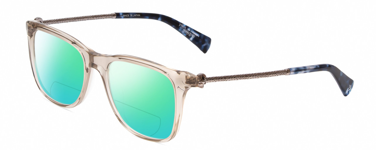 Profile View of John Varvatos V418 Designer Polarized Reading Sunglasses with Custom Cut Powered Green Mirror Lenses in Smoke Crystal/Silver/Blue Tortoise Ladies Panthos Full Rim Acetate 52 mm