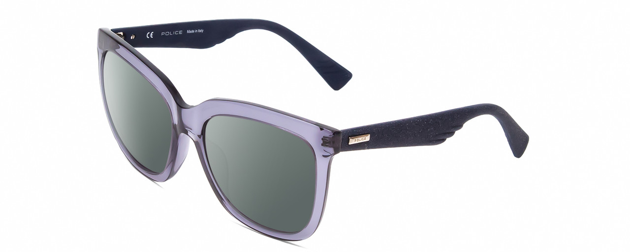 Profile View of POLICE SPL410 Designer Polarized Sunglasses with Custom Cut Smoke Grey Lenses in Navy Blue Crystal/Sparkles Ladies Cat Eye Full Rim Acetate 56 mm