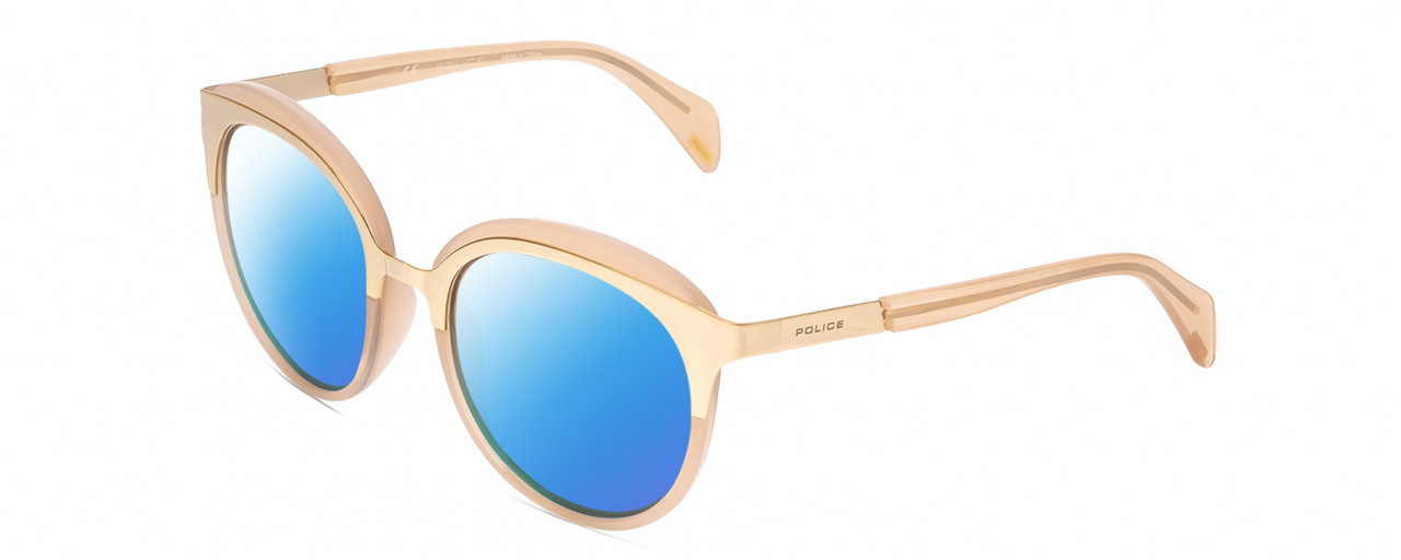 Profile View of POLICE SPL499 Designer Polarized Sunglasses with Custom Cut Blue Mirror Lenses in Pink Crystal/Gold Ladies Cat Eye Full Rim Acetate 53 mm