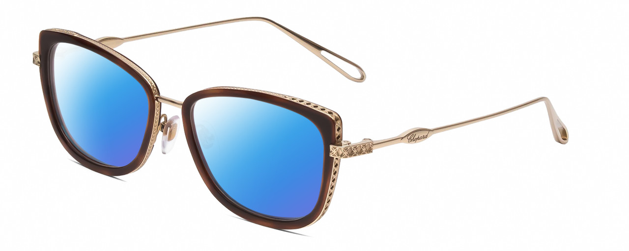 Profile View of Chopard VCH256M Designer Polarized Sunglasses with Custom Cut Blue Mirror Lenses in Auburn Brown Tortoise/Gold Ladies Cat Eye Full Rim Metal 53 mm