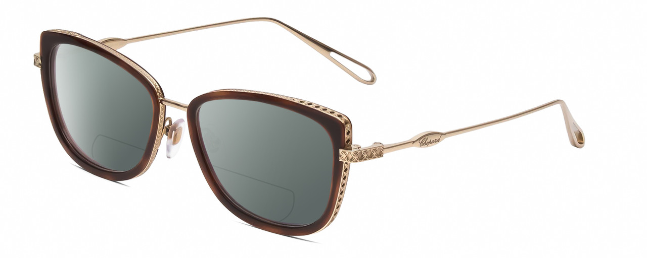 Profile View of Chopard VCH256M Designer Polarized Reading Sunglasses with Custom Cut Powered Smoke Grey Lenses in Auburn Brown Tortoise/Gold Ladies Cat Eye Full Rim Metal 53 mm