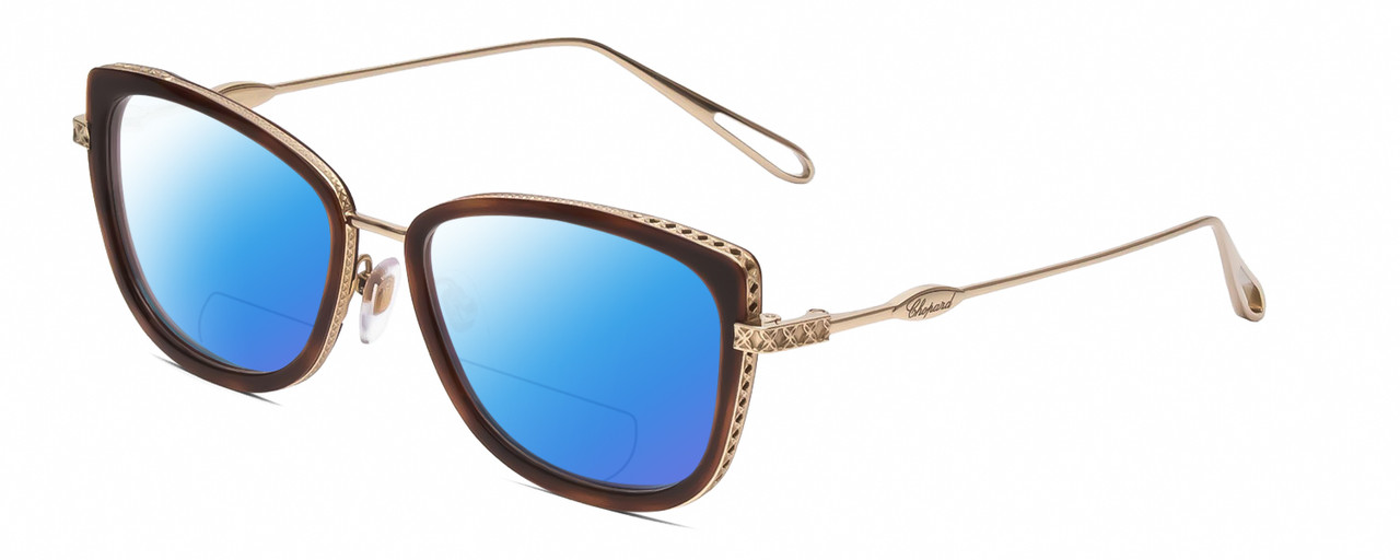 Profile View of Chopard VCH256M Designer Polarized Reading Sunglasses with Custom Cut Powered Blue Mirror Lenses in Auburn Brown Tortoise/Gold Ladies Cat Eye Full Rim Metal 53 mm