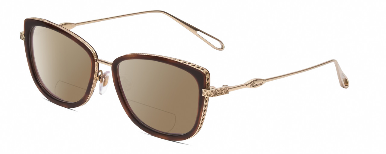 Profile View of Chopard VCH256M Designer Polarized Reading Sunglasses with Custom Cut Powered Amber Brown Lenses in Auburn Brown Tortoise/Gold Ladies Cat Eye Full Rim Metal 53 mm