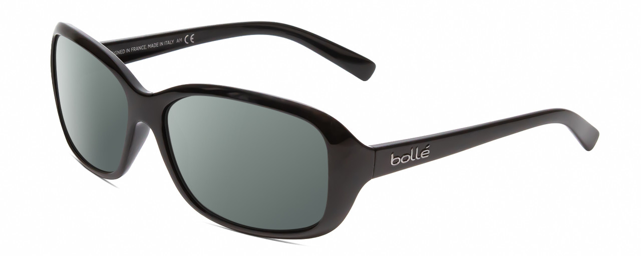 Profile View of Bolle MOLLY Designer Polarized Sunglasses with Custom Cut Smoke Grey Lenses in Shiny Black Unisex Oval Full Rim Acetate 56 mm