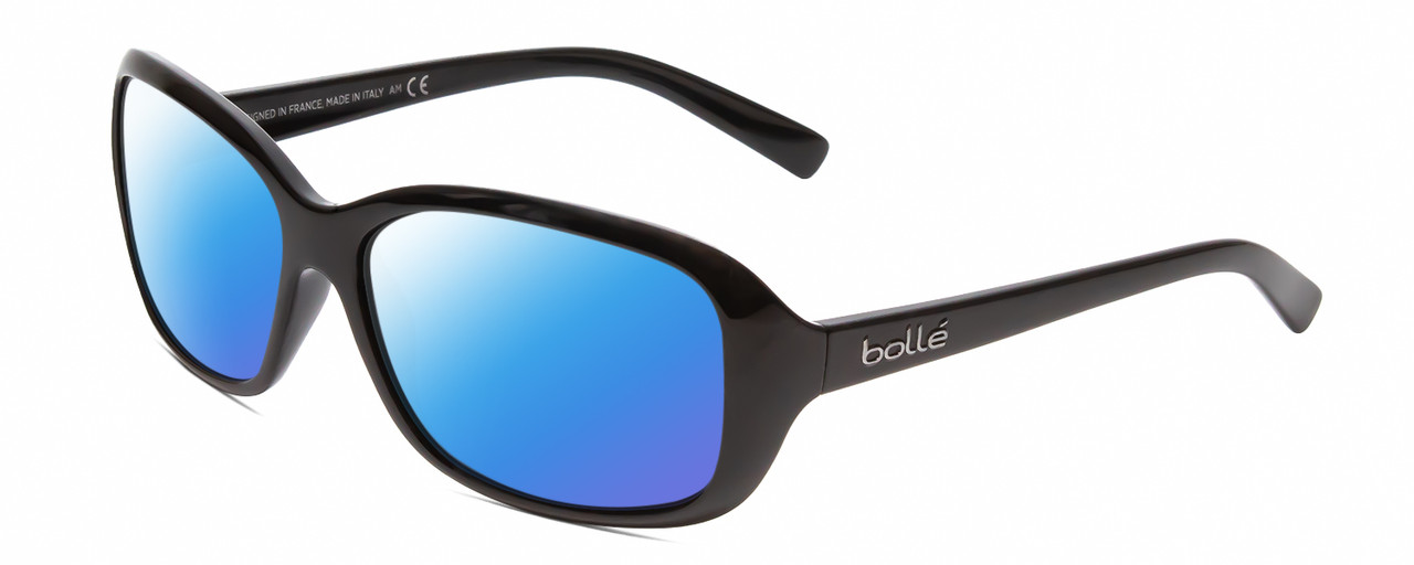 Profile View of Bolle MOLLY Designer Polarized Sunglasses with Custom Cut Blue Mirror Lenses in Shiny Black Unisex Oval Full Rim Acetate 56 mm