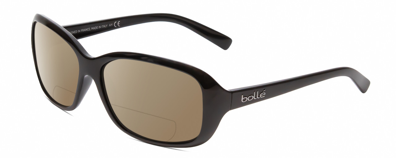 Profile View of Bolle MOLLY Designer Polarized Reading Sunglasses with Custom Cut Powered Amber Brown Lenses in Shiny Black Unisex Oval Full Rim Acetate 56 mm