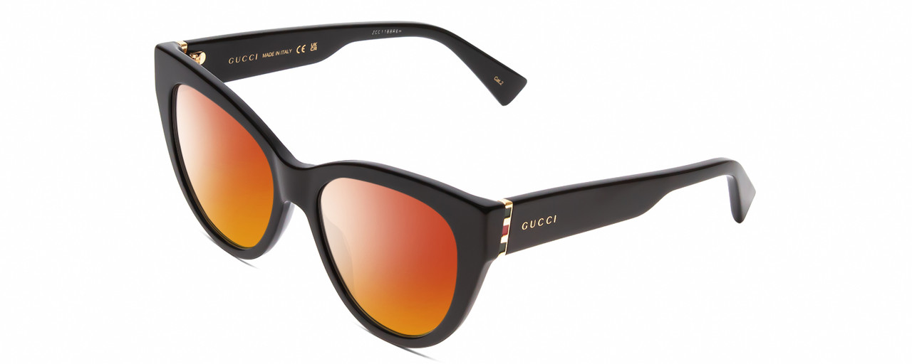 Profile View of GUCCI GG0460S Designer Polarized Sunglasses with Custom Cut Red Mirror Lenses in Gloss Black/Gold Ladies Cat Eye Full Rim Acetate 53 mm