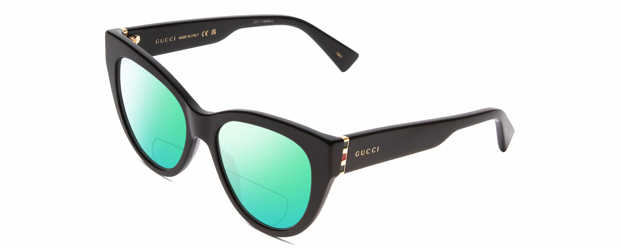 Profile View of GUCCI GG0460S Designer Polarized Reading Sunglasses with Custom Cut Powered Green Mirror Lenses in Gloss Black/Gold Ladies Cat Eye Full Rim Acetate 53 mm