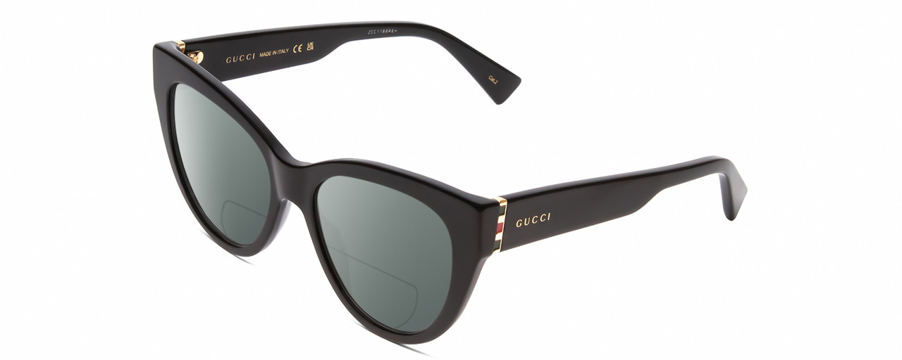 Profile View of GUCCI GG0460S Designer Polarized Reading Sunglasses with Custom Cut Powered Smoke Grey Lenses in Gloss Black/Gold Ladies Cat Eye Full Rim Acetate 53 mm
