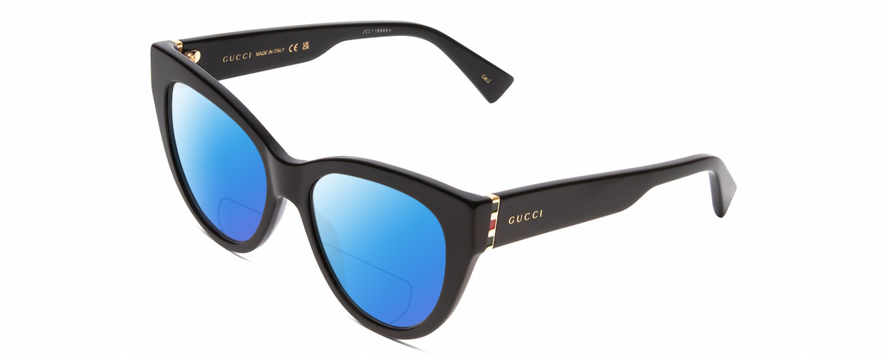 Profile View of GUCCI GG0460S Designer Polarized Reading Sunglasses with Custom Cut Powered Blue Mirror Lenses in Gloss Black/Gold Ladies Cat Eye Full Rim Acetate 53 mm