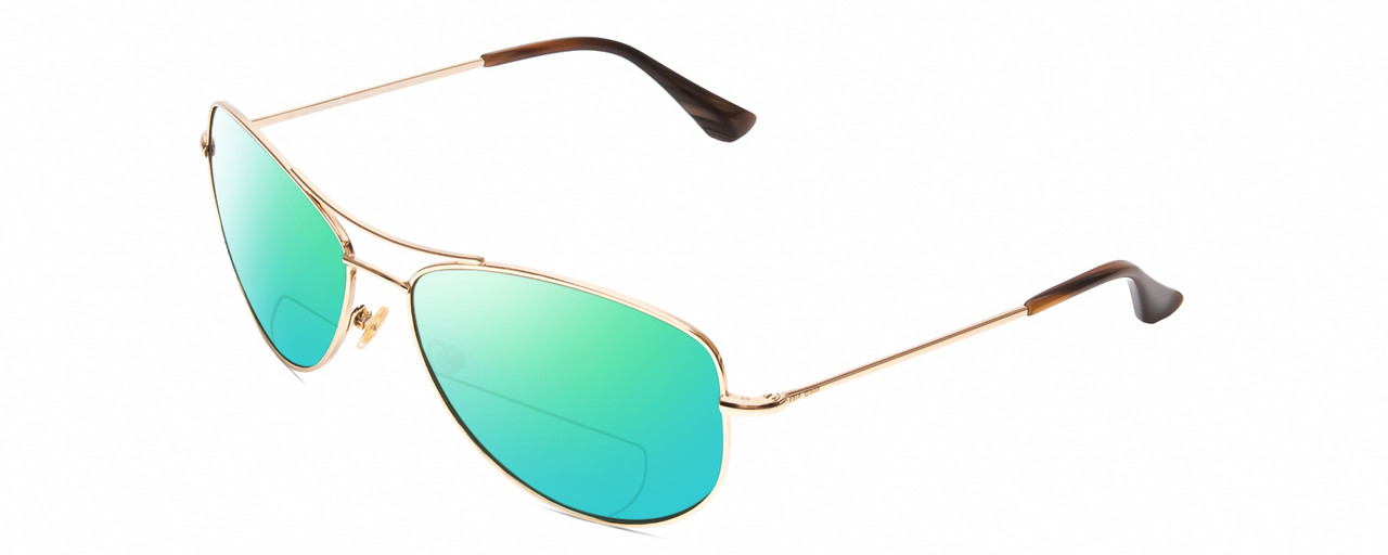 Profile View of KATE SPADE ALLY Designer Polarized Reading Sunglasses with Custom Cut Powered Green Mirror Lenses in Gold/Brown Stripe Ladies Pilot Full Rim Metal 60 mm