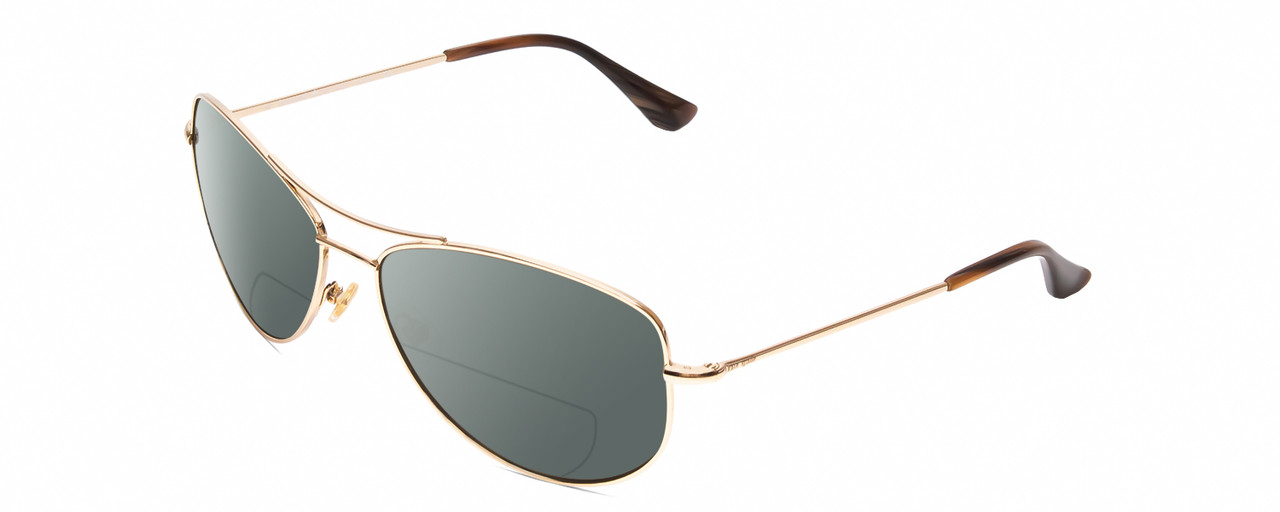 Profile View of KATE SPADE ALLY Designer Polarized Reading Sunglasses with Custom Cut Powered Smoke Grey Lenses in Gold/Brown Stripe Ladies Pilot Full Rim Metal 60 mm