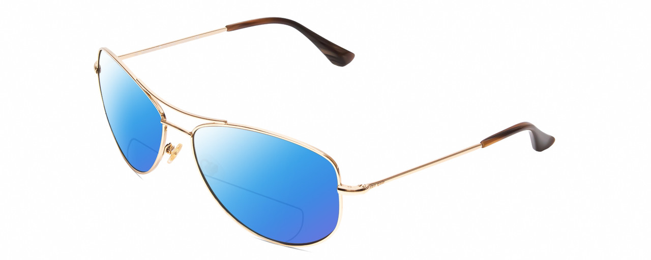 Profile View of KATE SPADE ALLY Designer Polarized Reading Sunglasses with Custom Cut Powered Blue Mirror Lenses in Gold/Brown Stripe Ladies Pilot Full Rim Metal 60 mm