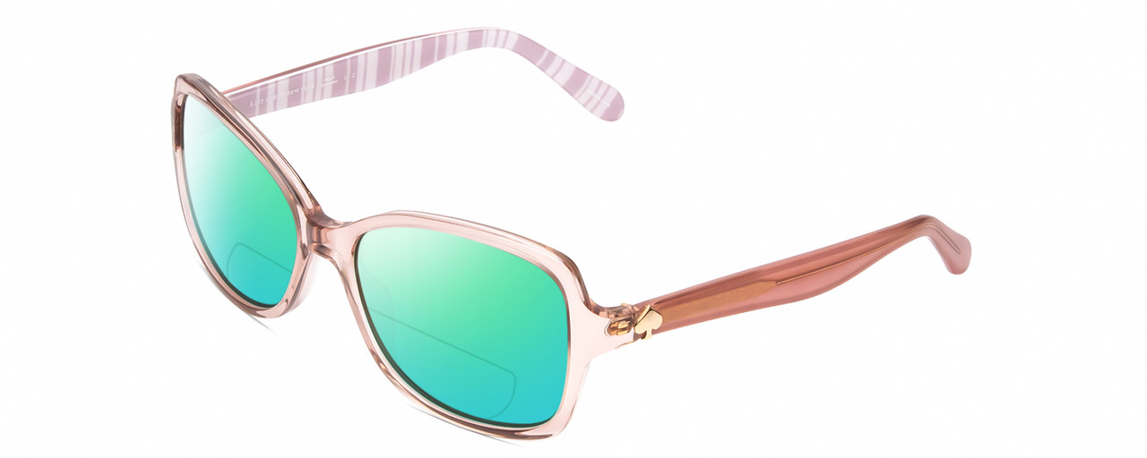 Profile View of KATE SPADE AYLEEN Designer Polarized Reading Sunglasses with Custom Cut Powered Green Mirror Lenses in Pink Crystal/White Ladies Panthos Full Rim Acetate 56 mm