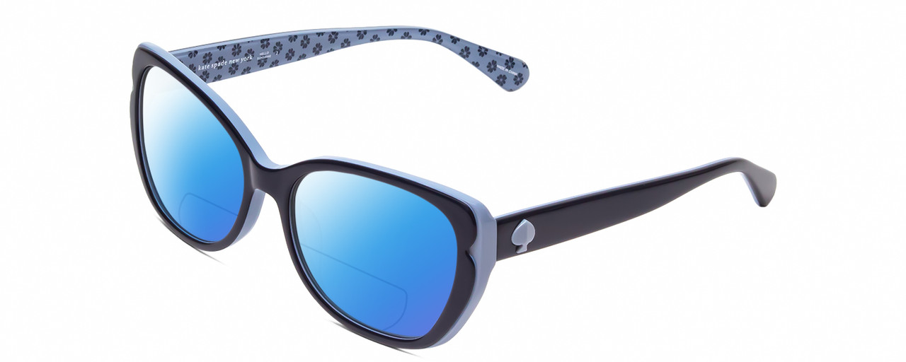 Profile View of KATE SPADE AUGUSTA Designer Polarized Reading Sunglasses with Custom Cut Powered Blue Mirror Lenses in Light Blue/Navy Floral Ladies Cat Eye Full Rim Acetate 54 mm