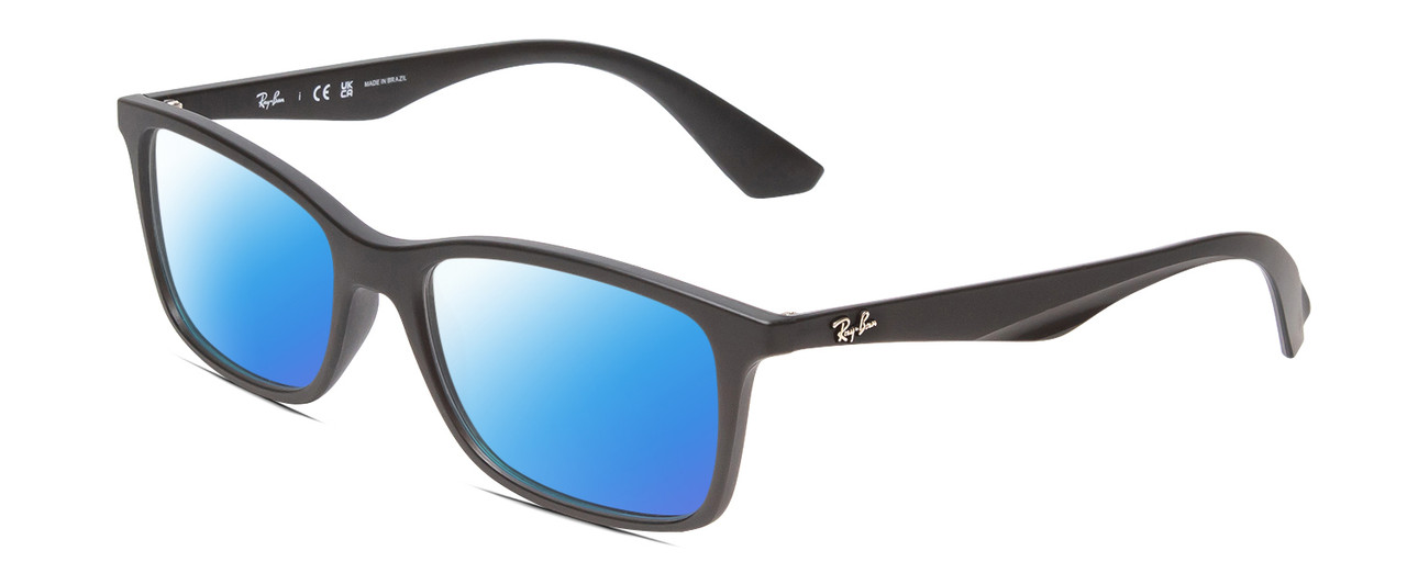 Profile View of Ray-Ban RX7047 Designer Polarized Sunglasses with Custom Cut Blue Mirror Lenses in Matte Black Unisex Cat Eye Full Rim Acetate 54 mm