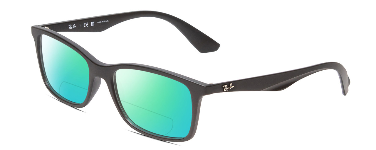Profile View of Ray-Ban RX7047 Designer Polarized Reading Sunglasses with Custom Cut Powered Green Mirror Lenses in Matte Black Unisex Cat Eye Full Rim Acetate 54 mm