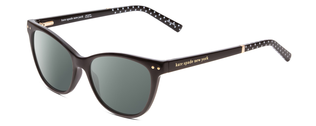 Profile View of Kate Spade JOHNESHA Designer Polarized Sunglasses with Custom Cut Smoke Grey Lenses in Black W/ White Polka Dots Ladies Cat Eye Full Rim Acetate 52 mm