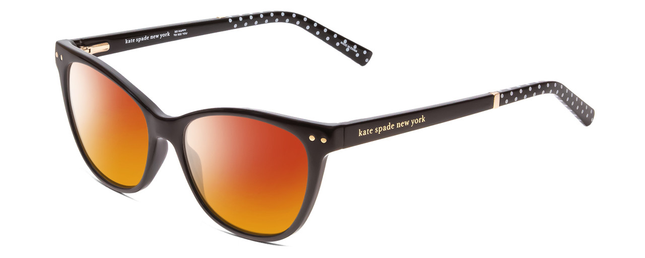 Profile View of Kate Spade JOHNESHA Designer Polarized Sunglasses with Custom Cut Red Mirror Lenses in Black W/ White Polka Dots Ladies Cat Eye Full Rim Acetate 52 mm